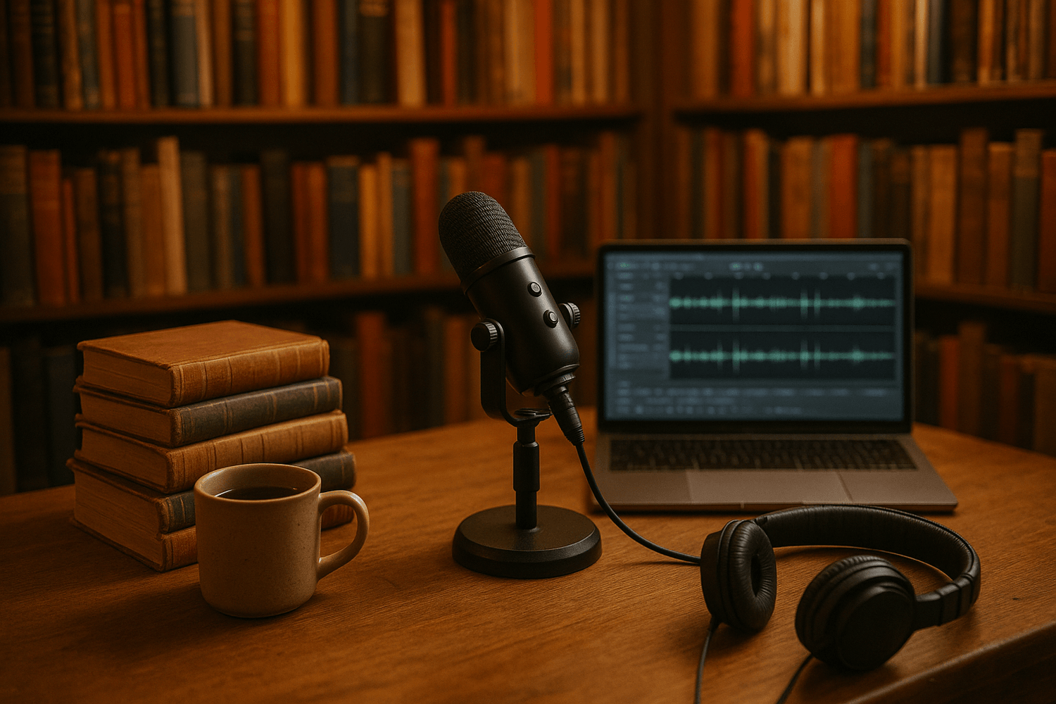 Used Book Depot Podcast on Spotify – vintage books and microphone on a wooden table