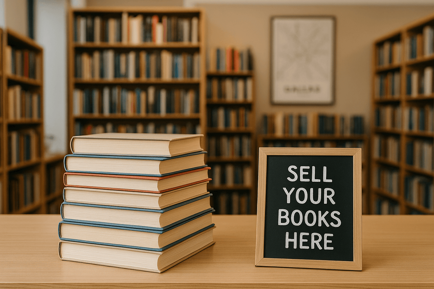 Sell your used books at a local Dallas bookstore counter with shelves in the background