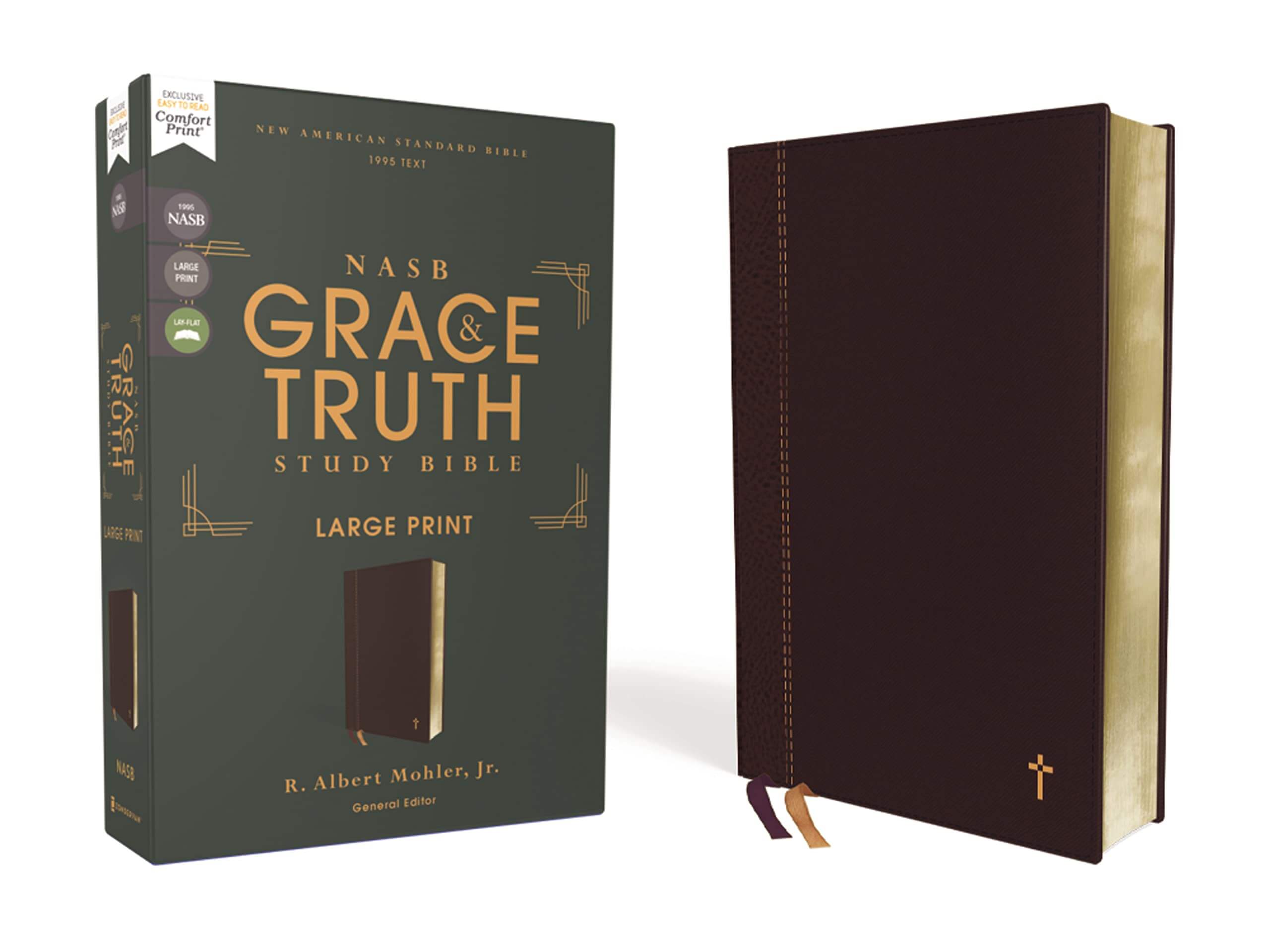 NASB, The Grace and Truth Study Bible (Trustworthy and Practical Insights), Large Print, Leathersoft, Maroon, Red Letter, 1995 Text, Comfort Print used book depot