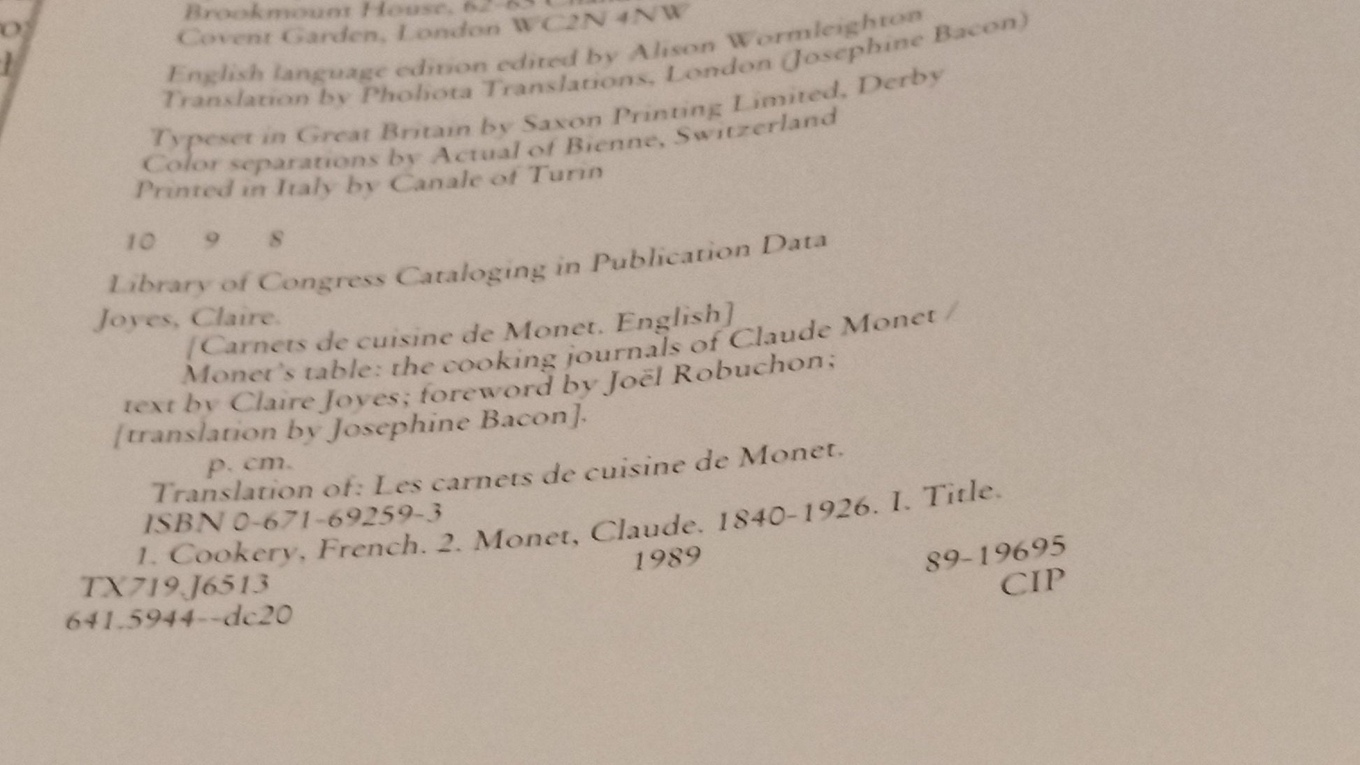 Monet's Table: The Cooking Journals of Claude Monet used book depot