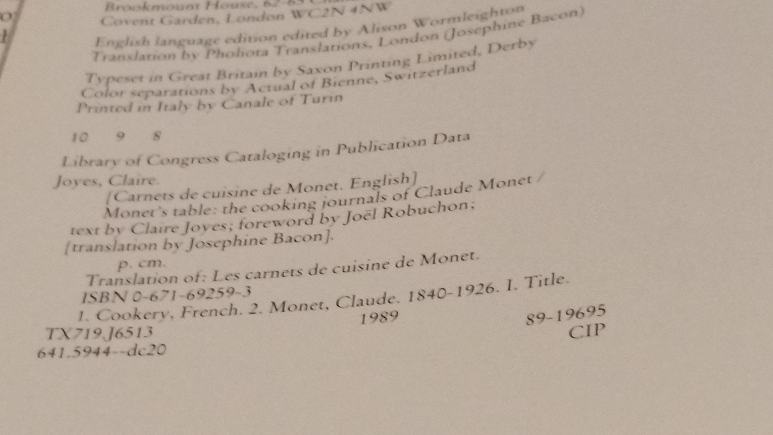 Monet's Table: The Cooking Journals of Claude Monet used book depot