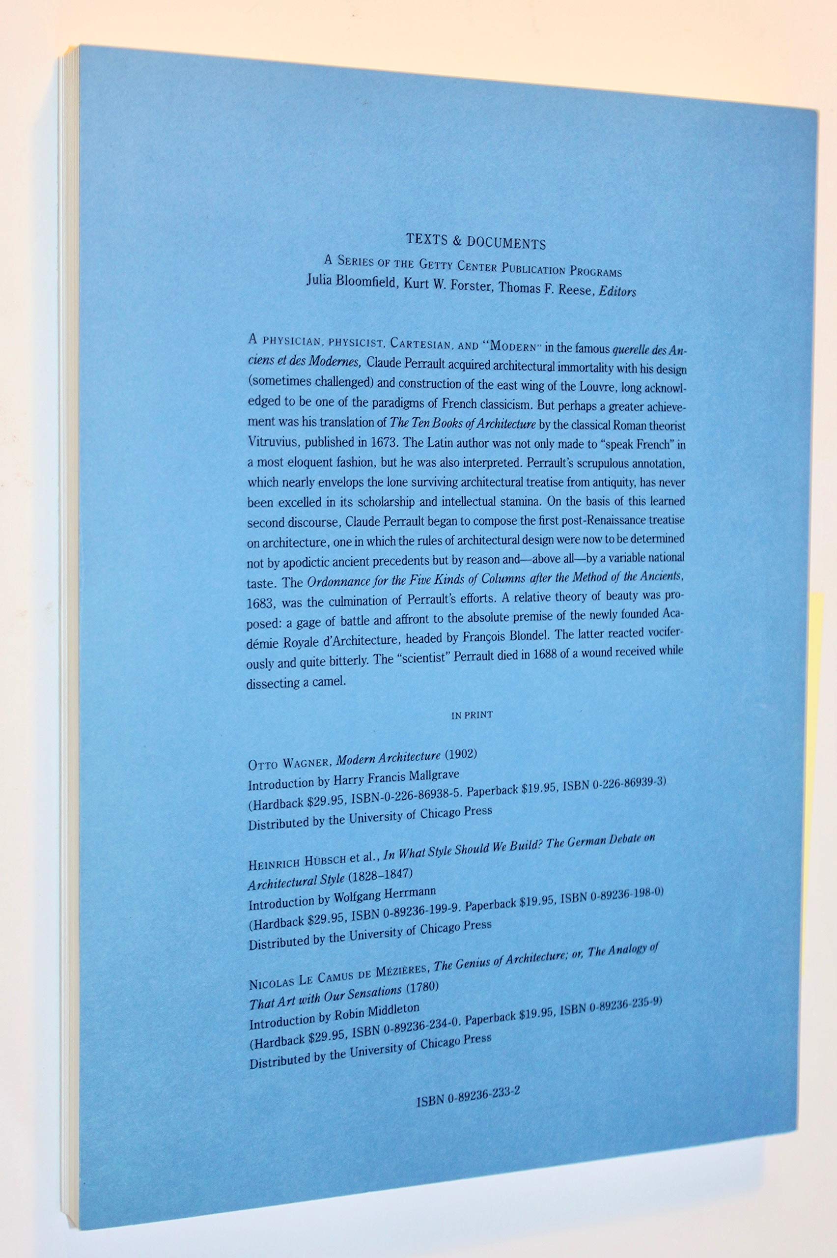 Ordonnance for the Five Kinds of Columns after the Method of the Ancients (Texts and Documents Series) used book depot