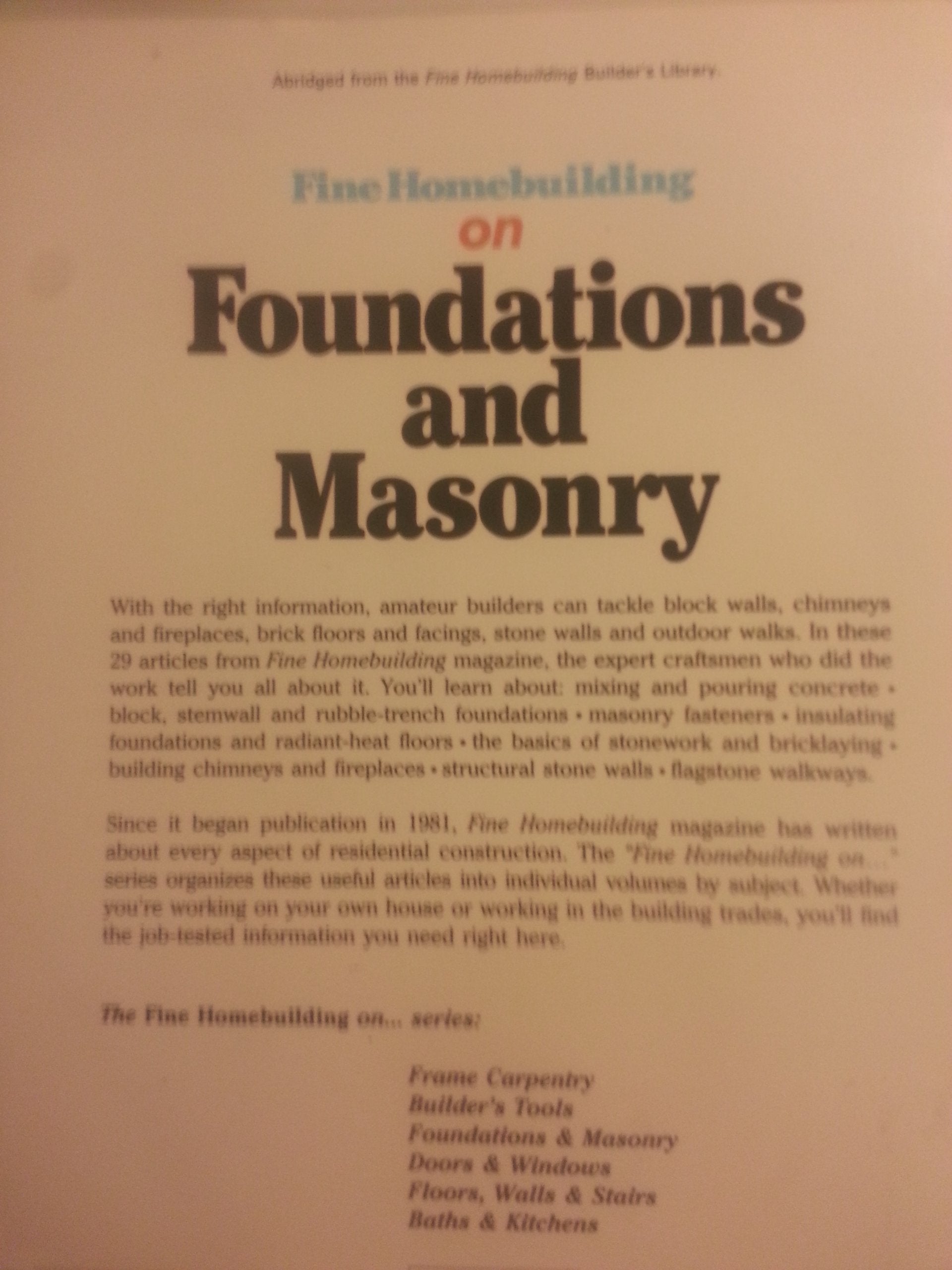 Fine Homebuilding on Foundations and Masonry used book depot