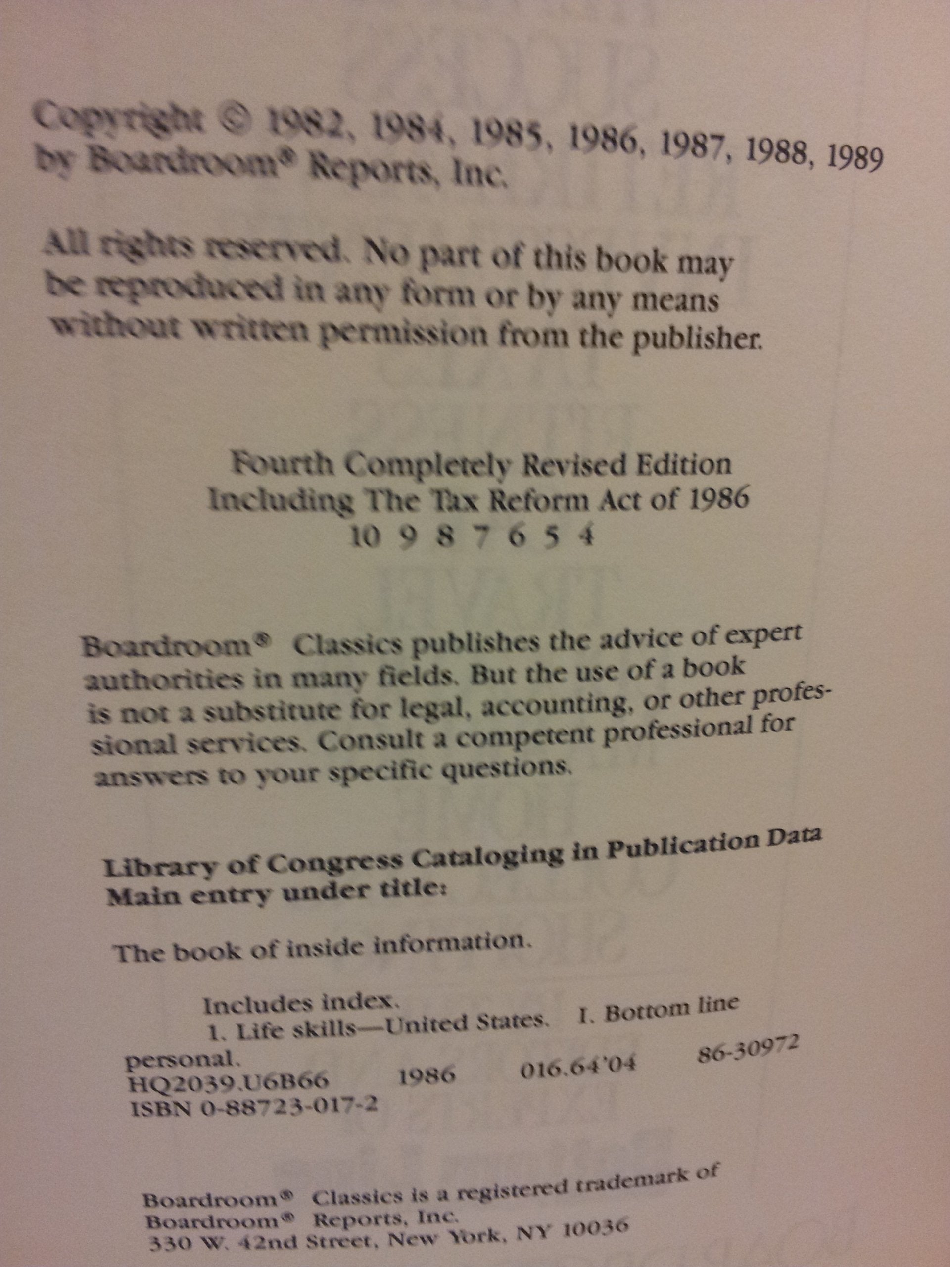 The Book of Inside Information: Money Health Success Retirement Investments Taxes Fitness Car Travel Education Marriage Home Collecting Shopping used book depot