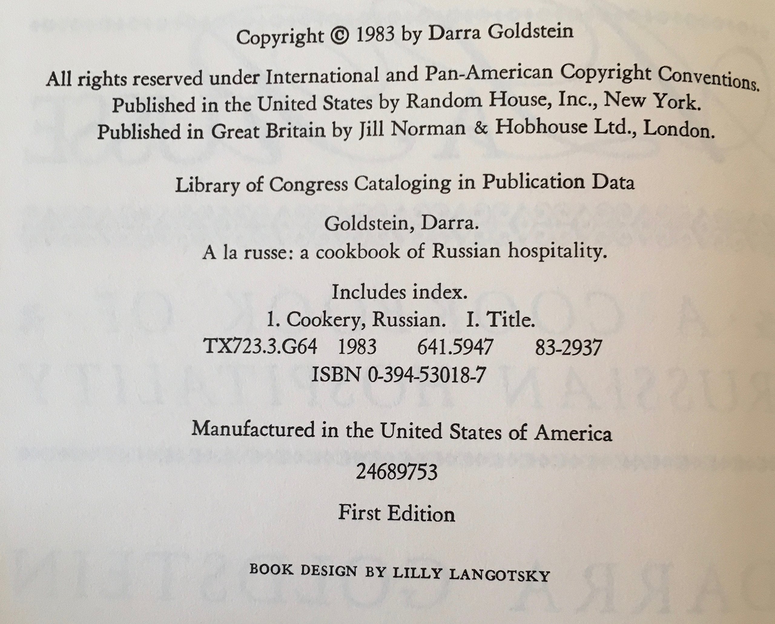 A la Russe: A Cookbook of Russian Hospitality used book depot
