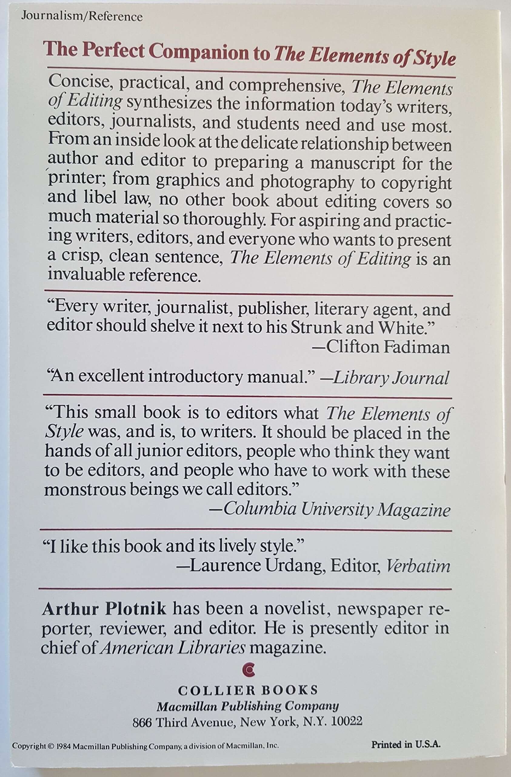 The Elements of Editing: A Modern Guide for Editors and Journalists used book depot