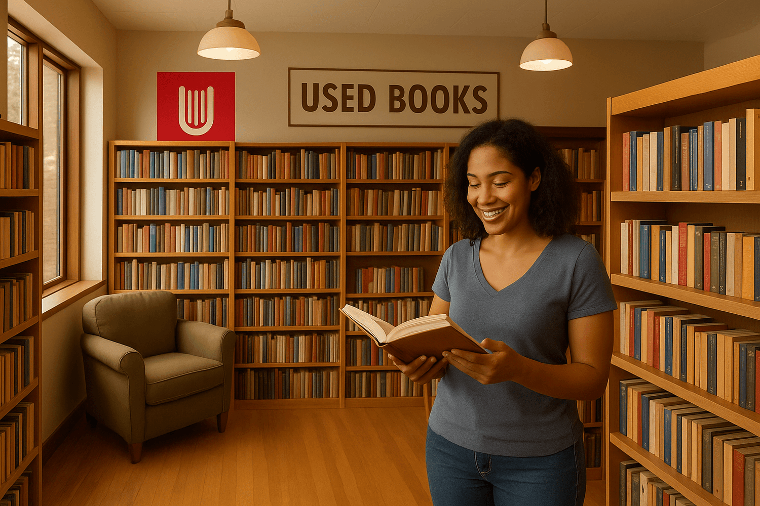 Reader browsing used books Plano TX bookstore with cozy shelves and natural lighting