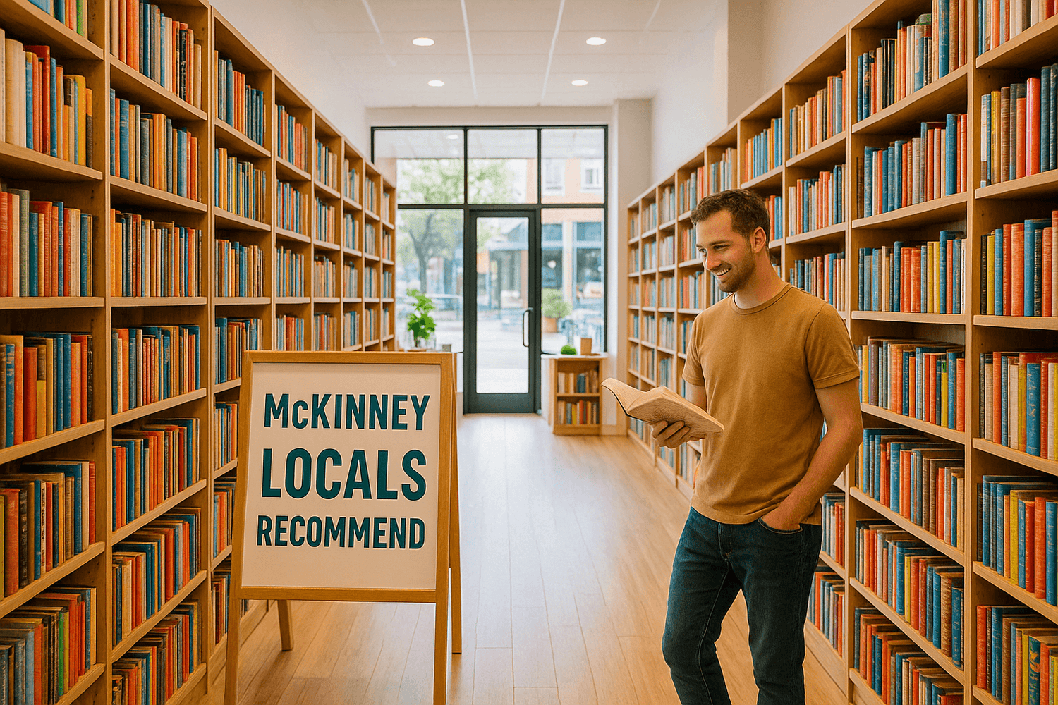 Modern McKinney bookstore with shelves of used books and a customer browsing