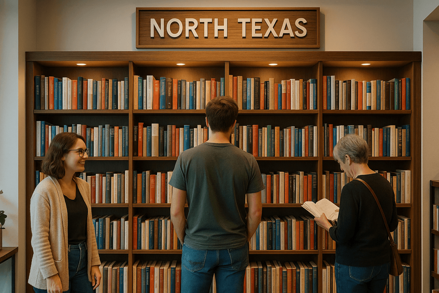 Customers browsing used books in a North Texas bookstore