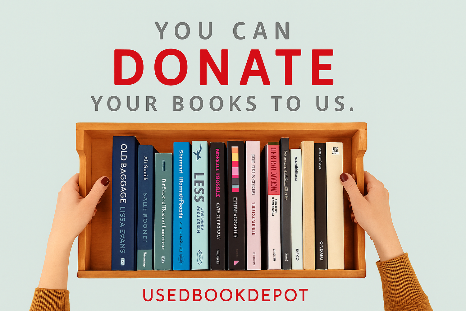 Hands placing a wooden tray of colorful used books with the text “You can donate your books to us” – Used Book Depot