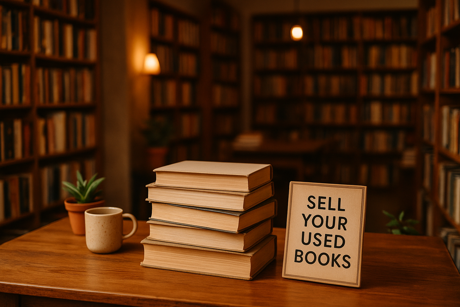 Stack of gently used books next to a sign that reads “Sell Your Used Books” inside a cozy bookstore