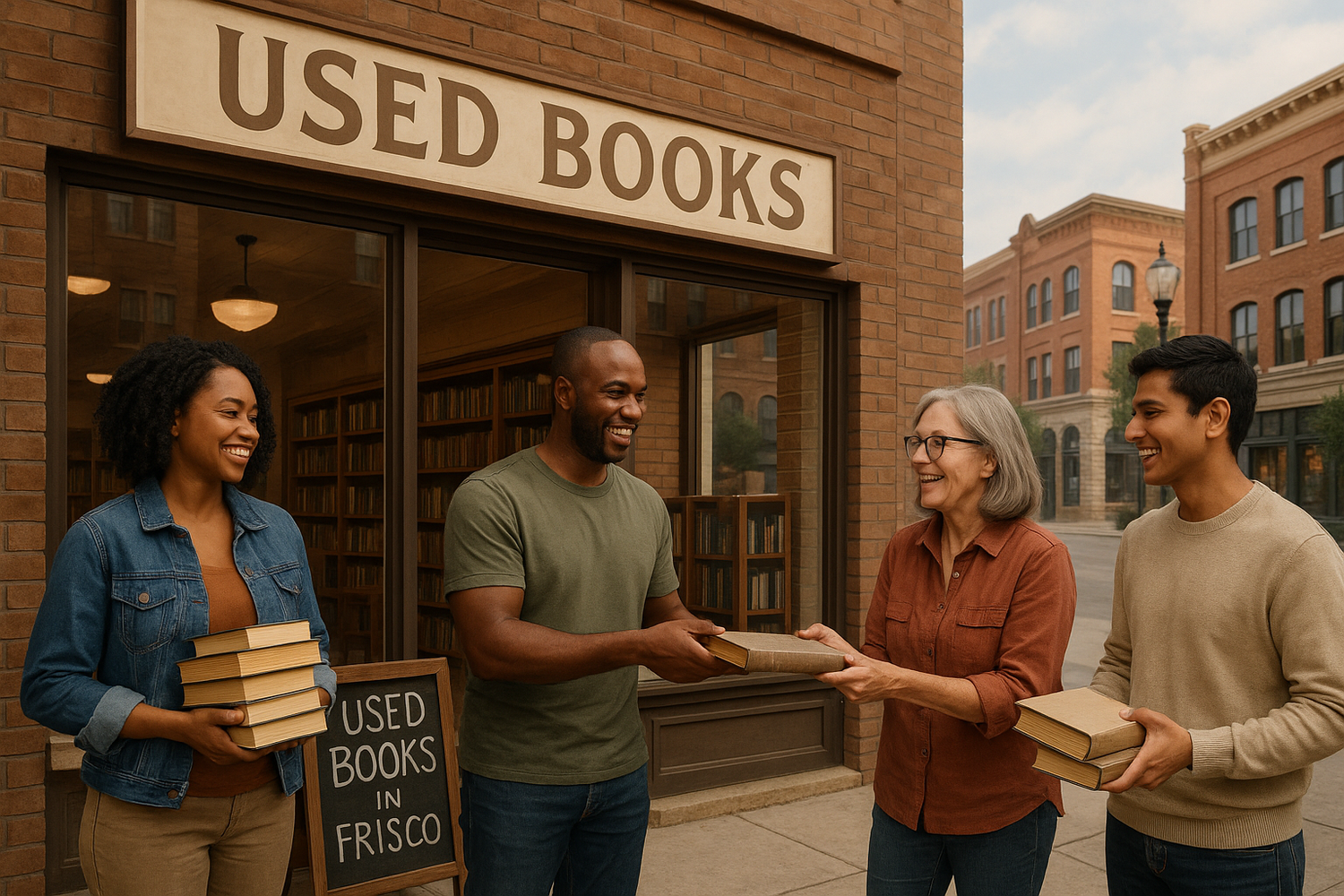 Three people smiling and exchanging books in front of a used bookstore with a sign that reads “Used Books in Frisco”; brick buildings and community atmosphere in the background.