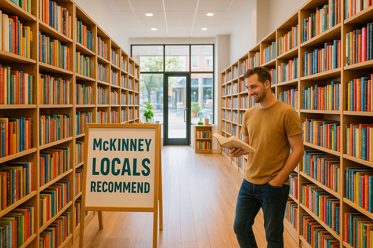 Modern McKinney bookstore with shelves of used books and a customer browsing