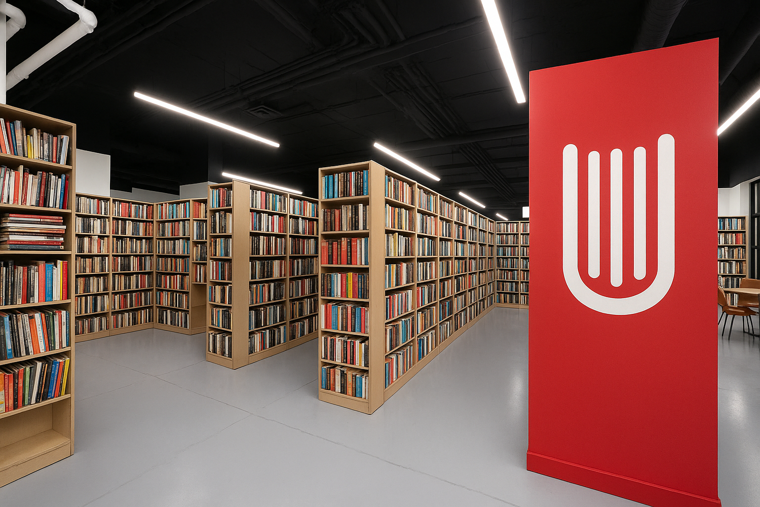 Interior of a modern bookstore in McKinney Texas with tall shelves filled with used books and a bright red wall accent, creating a clean and inviting atmosphere.