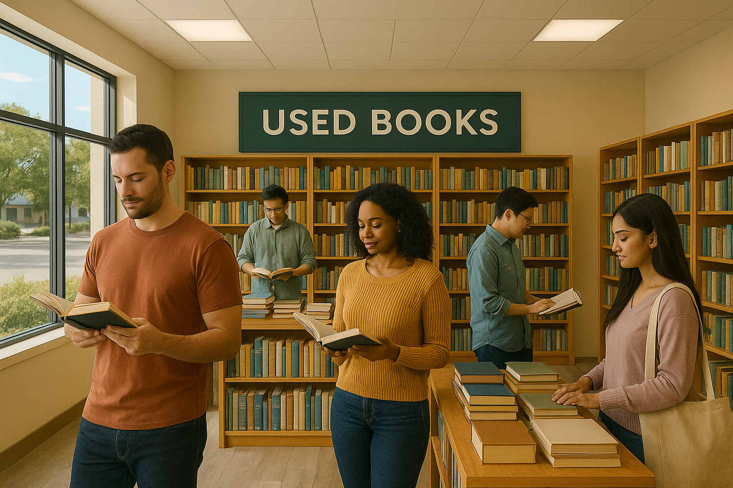 Readers browsing used books at a local bookstore in North Texas