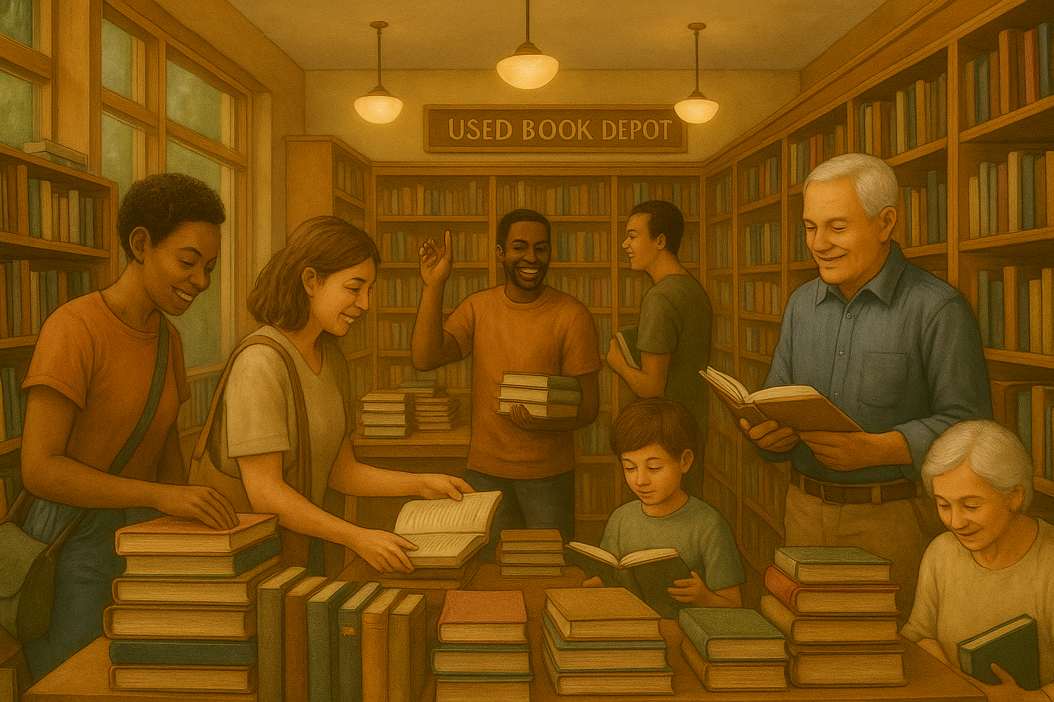 Readers browsing used books in a cozy North Texas bookstore