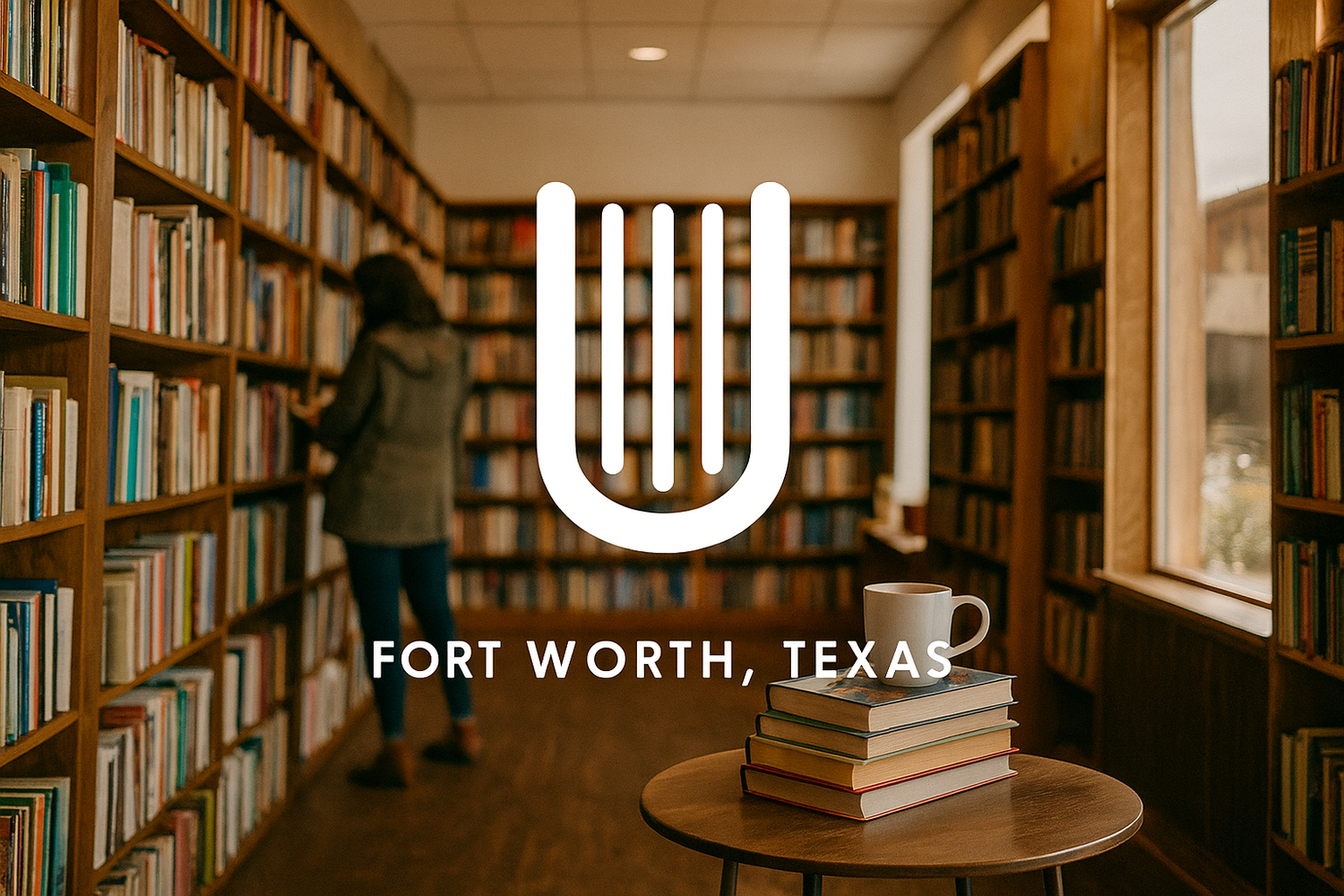 Cozy used bookstore in Fort Worth Texas with bookshelves and readers browsing used books