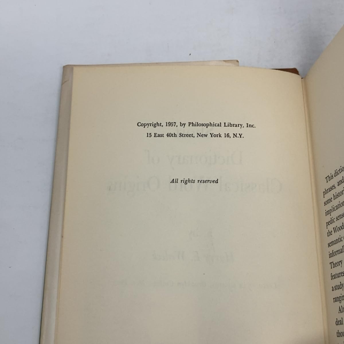 Short dictionary of classical word origins (Midcentury reference library) used book depot