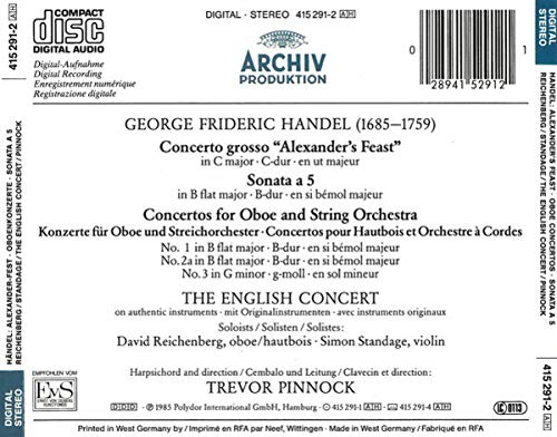 Handel: Alexander's Feast, 3 Oboe Concertos, Sonata a 5 used book depot