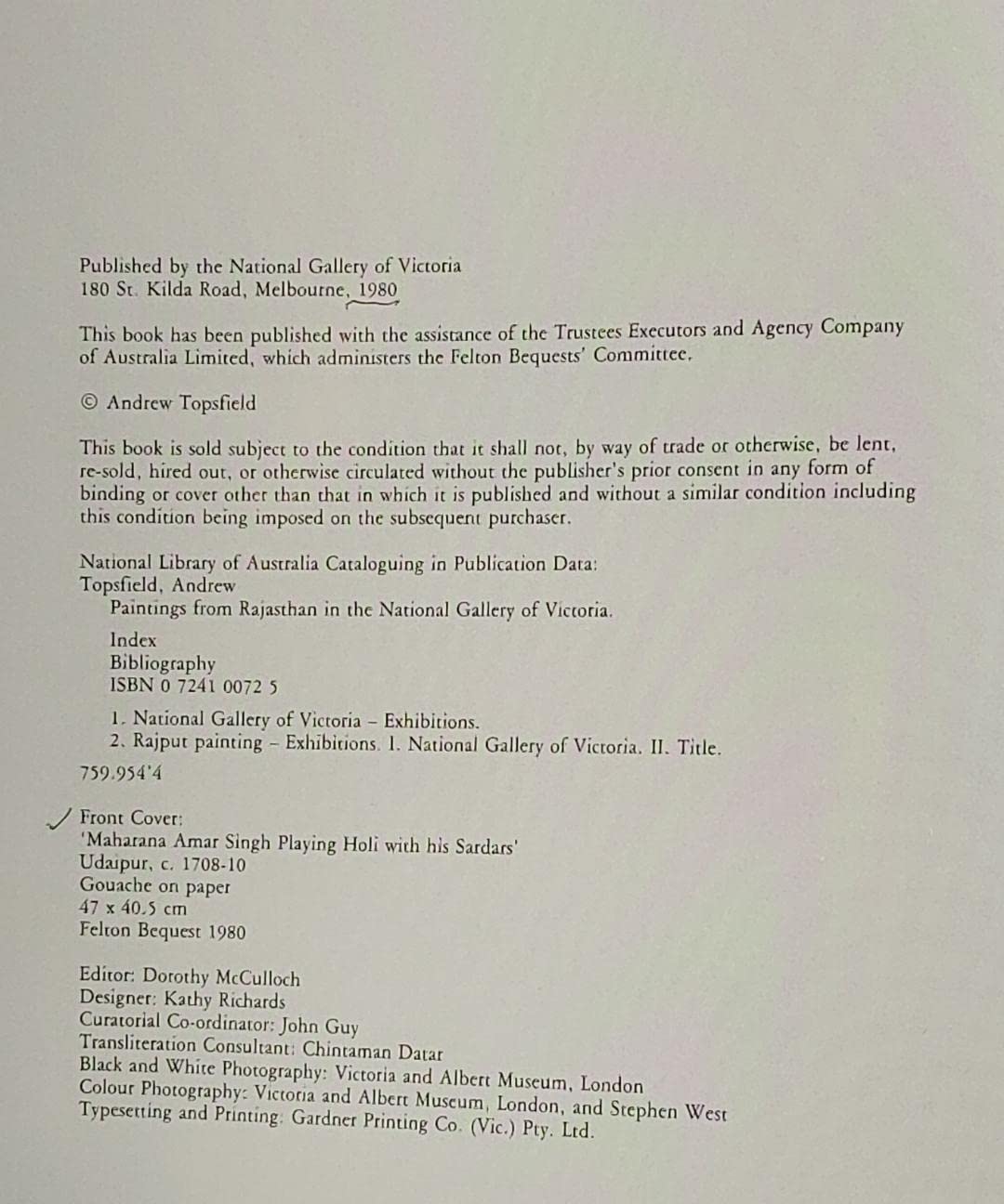 Paintings from Rajasthan in the National Gallery of Victoria: A collection acquired through the Felton Bequests' Committee used book depot