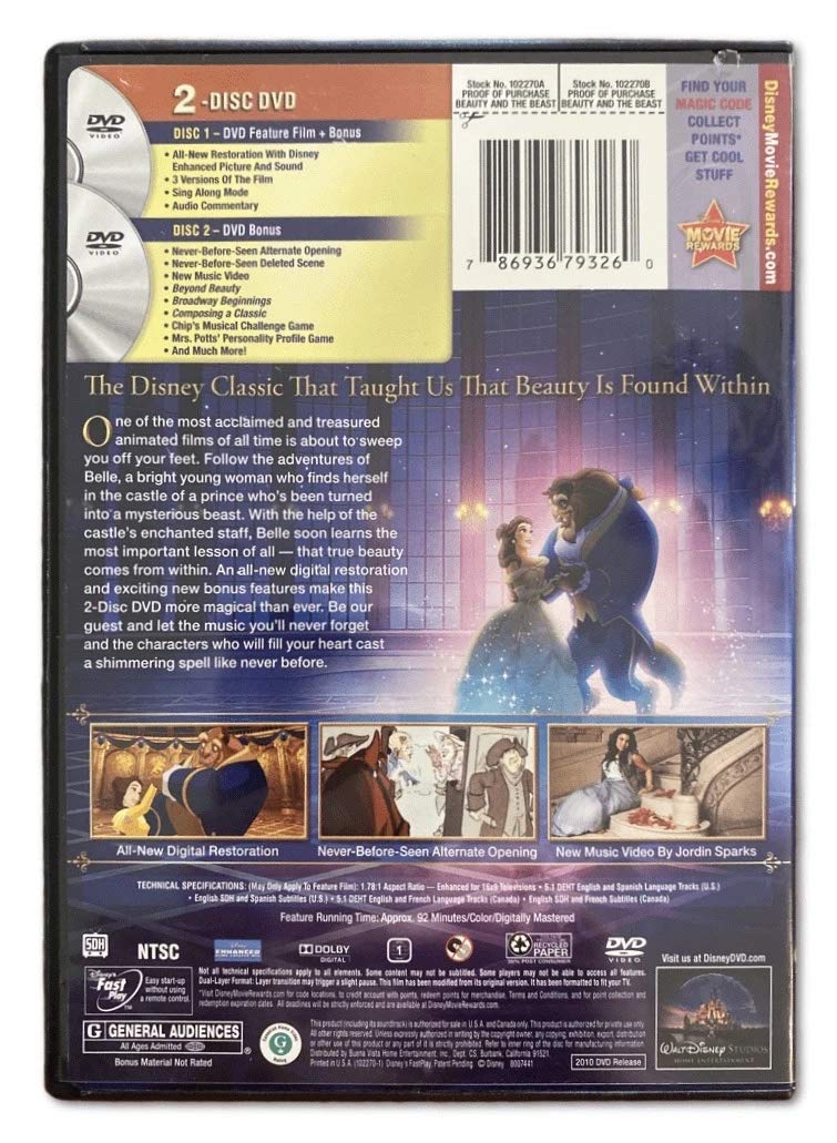 Beauty and the Beast (DVD, 2010, 2-Disc Set, Diamond Edition) used book depot