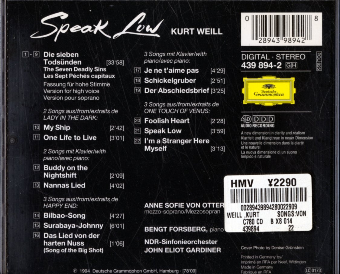 Speak Low (Songs by Kurt Weill) & The Seven Deadly Sins [Die Sieben Todsunden] ~ von Otter used book depot