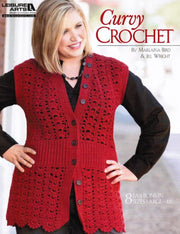 Curvy Crochet fashion collection featuring a model wearing a red vest, showcasing styles for full-figured women.
