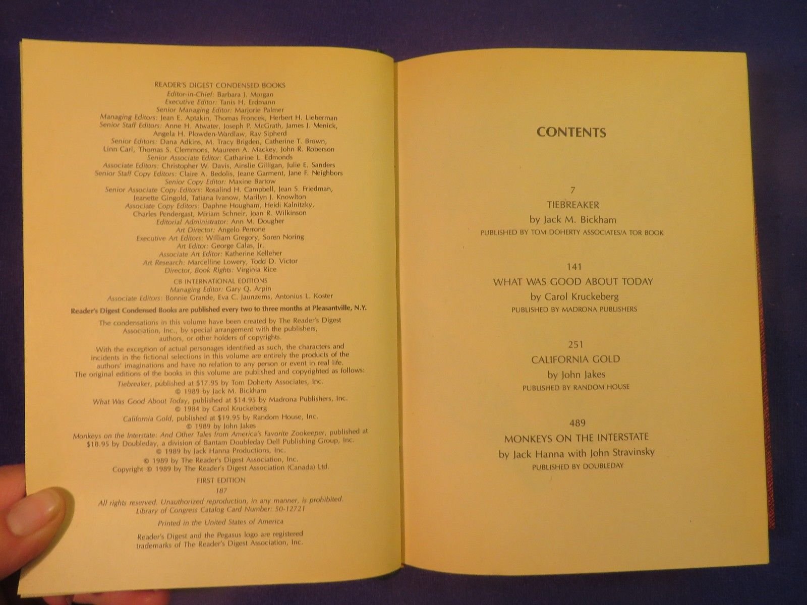Tiebreaker/What Was Good About Today/California Gold/Monkeys on the Interstate (Reader's Digest Condensed Books, Volume 1: 1990) used book depot