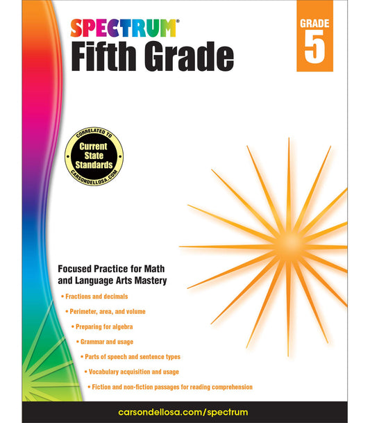 Spectrum Grade 5 Math  Language Arts Workbook5th Grade State Standards for Geometry, Algebra Prep, Vocabulary, Nonfiction, Fiction Reading Comprehension for Classroom or Homeschool 320 pgs Spectrum