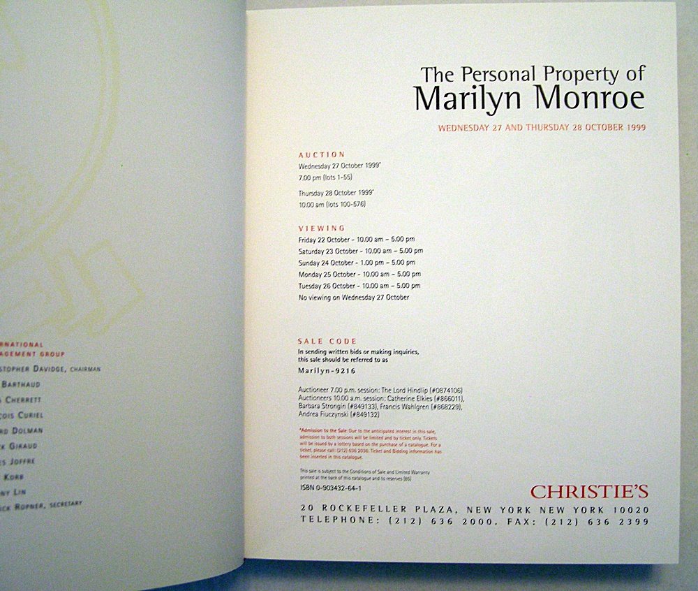 The Personal Property of Marilyn Monroe: Auction catalog, Wednesday 27 and Thursday 28 October 1999 used book depot