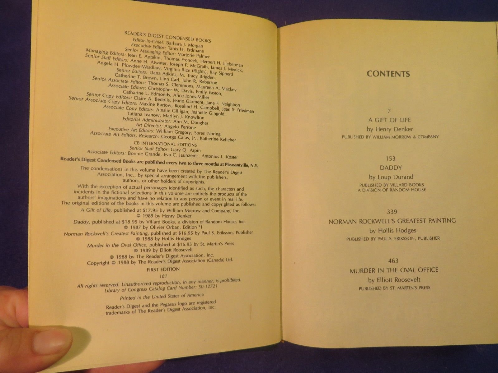 Reader's Digest Condensed Books Volume 1 1989 (A Gift of Life, Daddy, Norman Rockwell's Greatest Painting, Murder in the Oval Office) - Hardcover (1989) by various used book depot