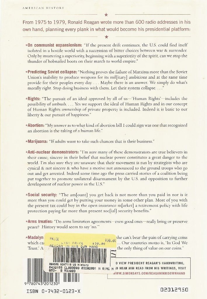 Reagan, In His Own Hand: The Writings of Ronald Reagan that Reveal His Revolutionary Vision for America used book depot