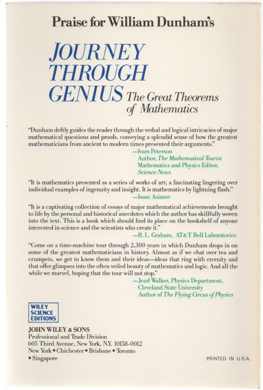 Journey Through Genius: The Great Theorems of Mathematics used book depot