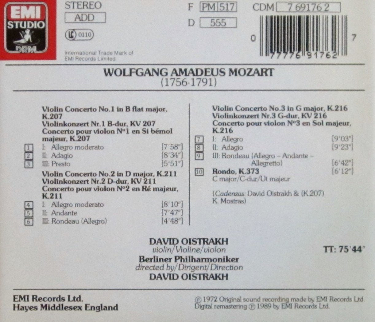 Mozart: Violin Concertos Nos, 1, 2 & 3 / Rondo K. 373 used book depot