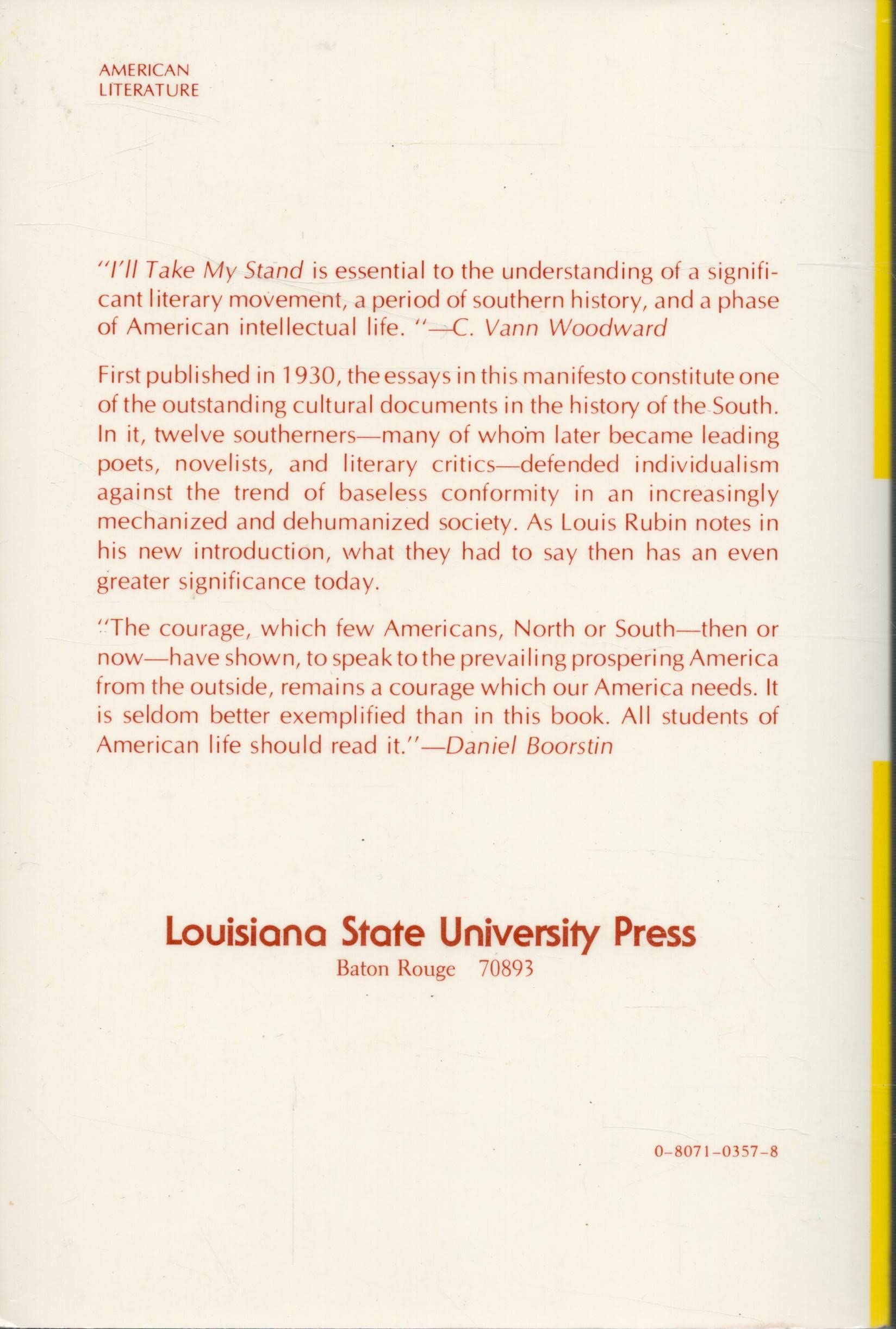 I'll Take My Stand: The South and the Agrarian Tradition (Library of Southern Civilization) used book depot