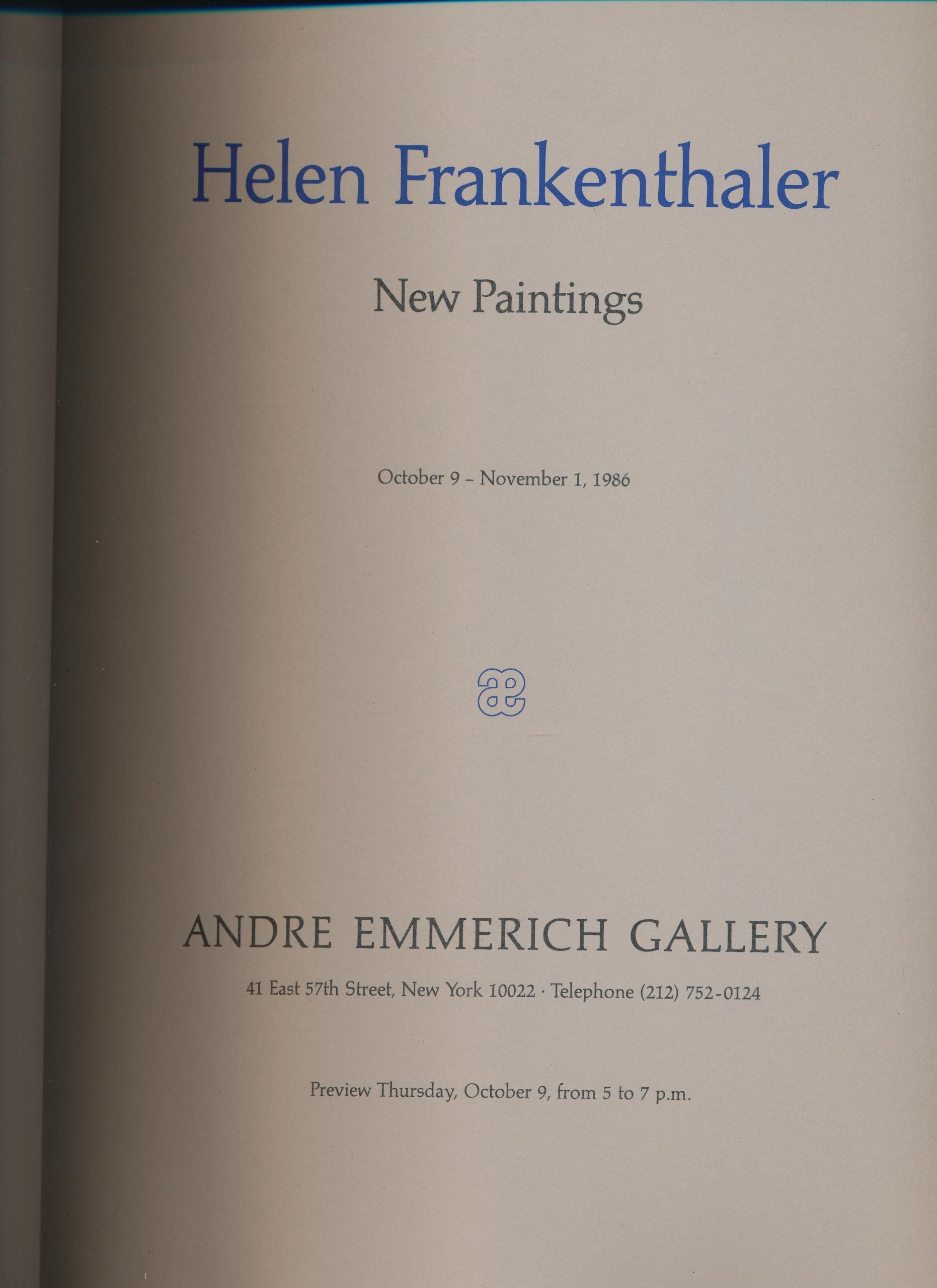 Helen Frankenthaler: New Paintings. October 9 - November 1, 1986
