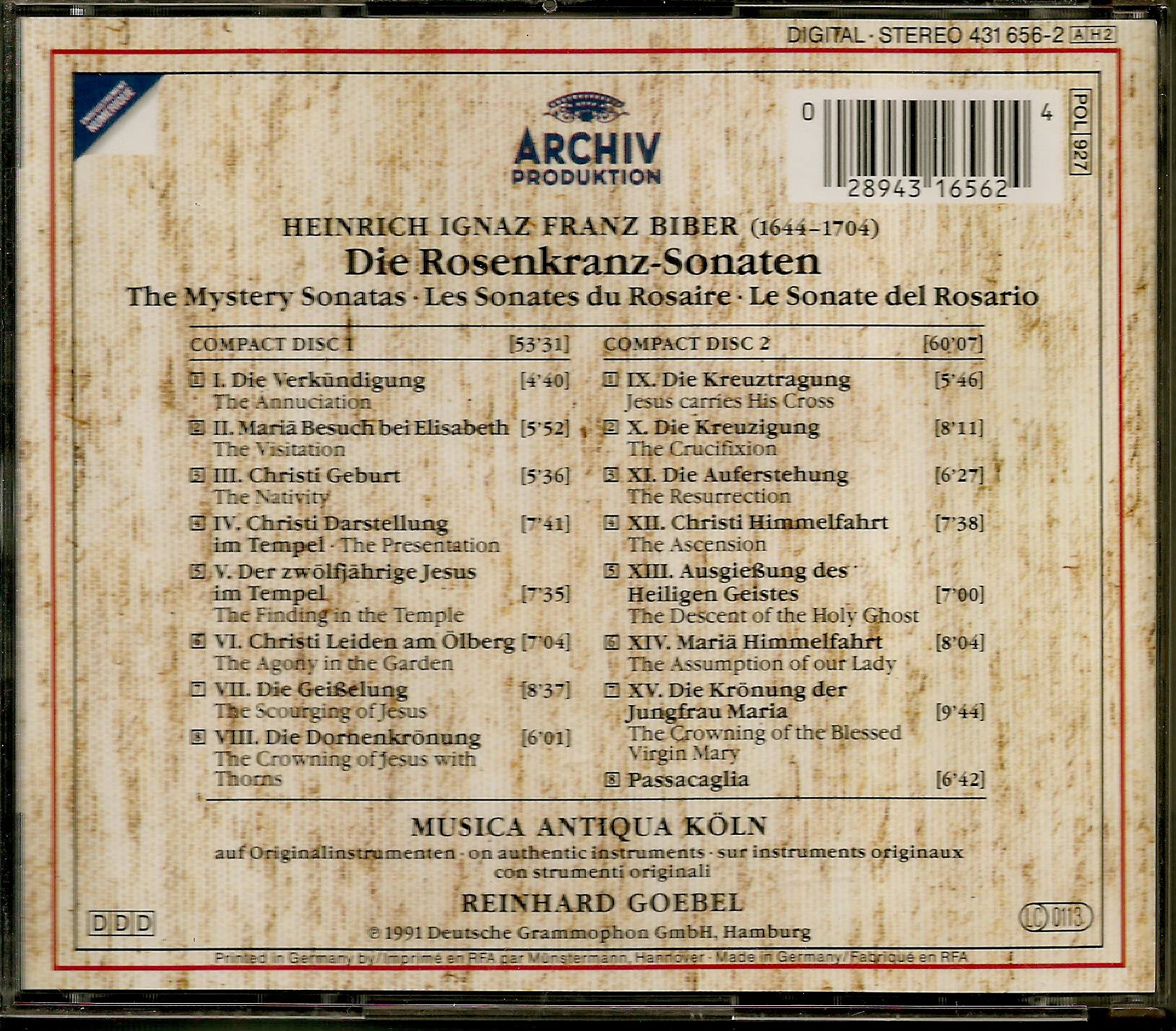 Biber: Mystery Sonatas (Rosenkranz-Sonaten or Rosary Sonatas) - Goebel used book depot