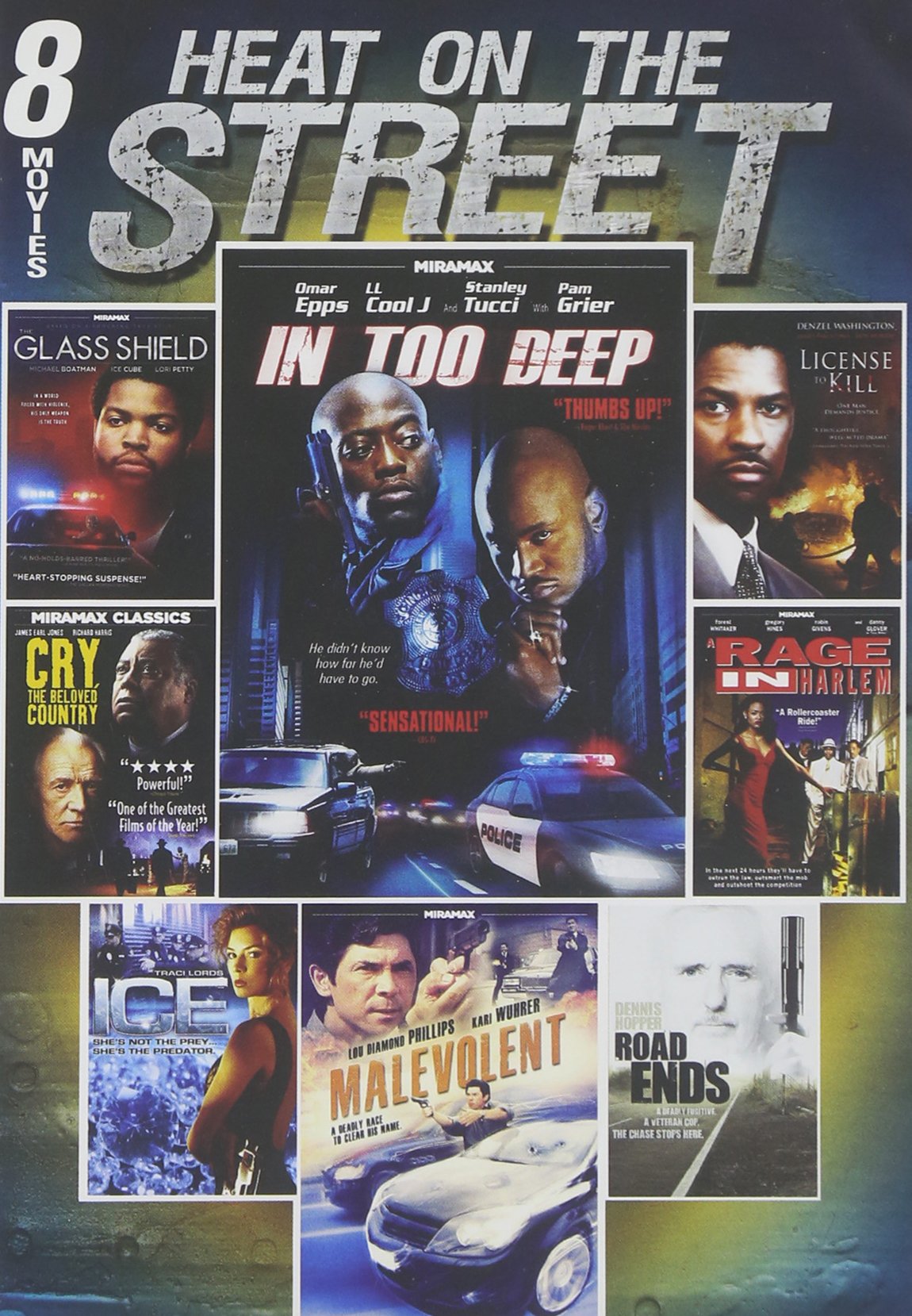 8-Film Heat On The Street: In too Deep/ The Glass Shield/ Lincense to Kill/ Cry, The Beloved Country/ A Rage In Harlem/ Malevolent/ Road End/ Ice used book depot