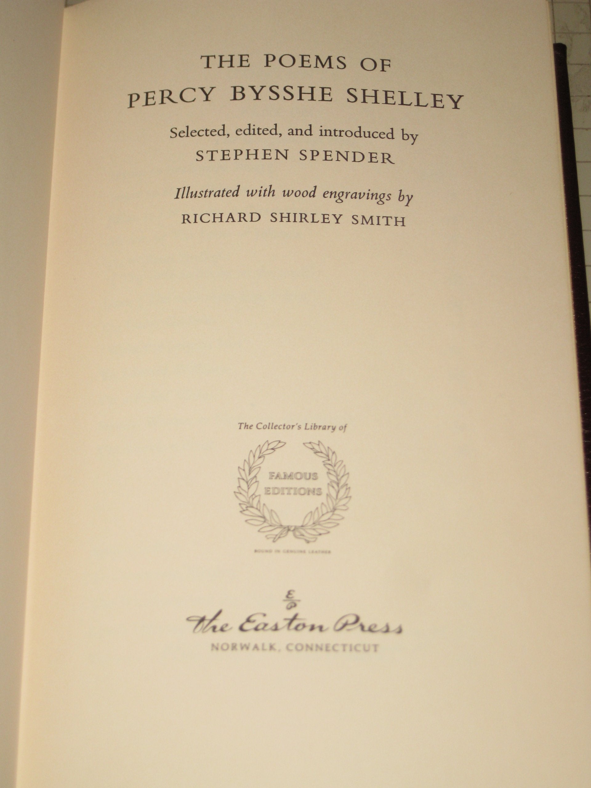The Poems of Shelley - Stephen Spender Intro. - Easton Press - Richard Shirley Smith Wood Engravings