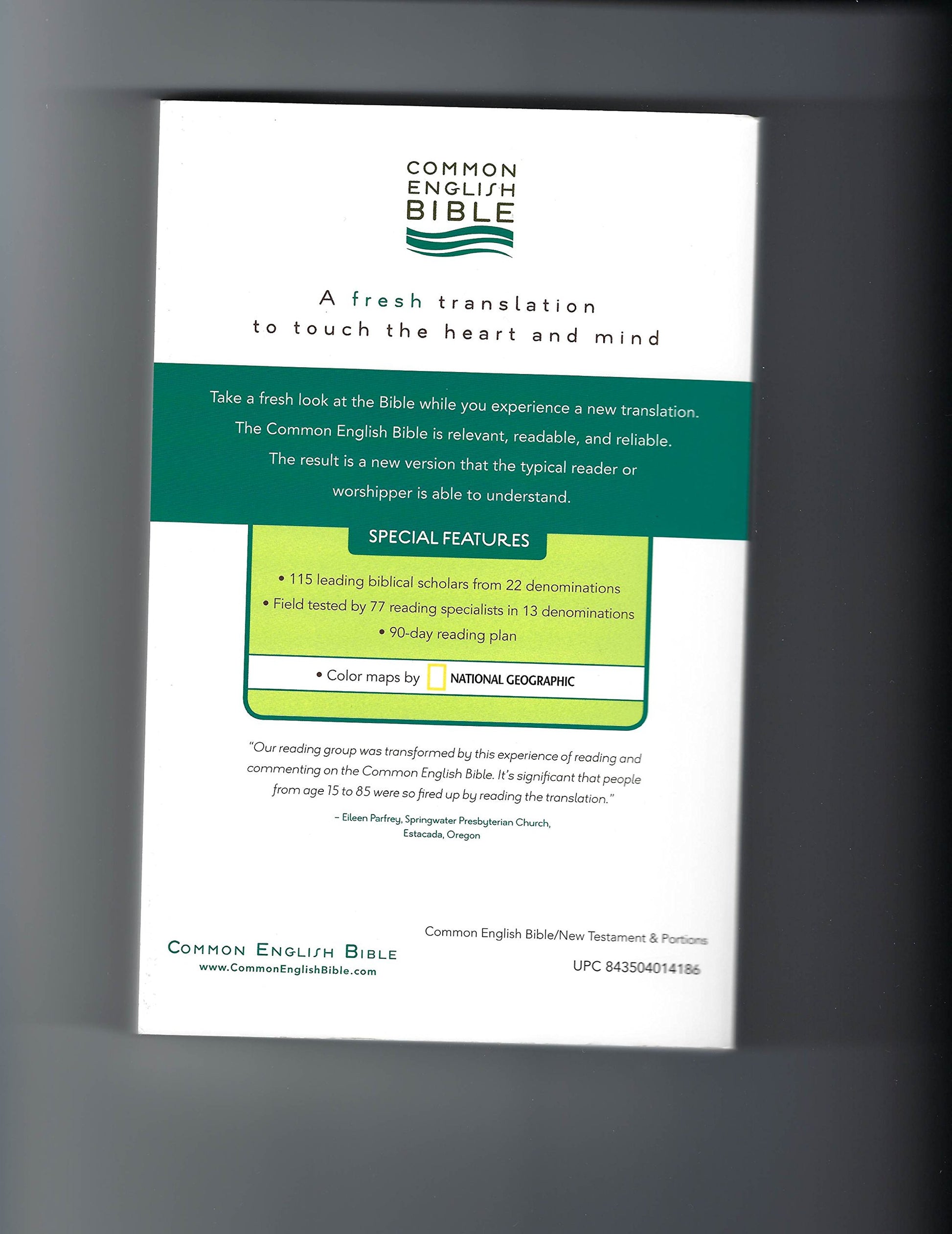 CEB Common English Bible New Testament, Softcover back cover highlighting special features and readability.