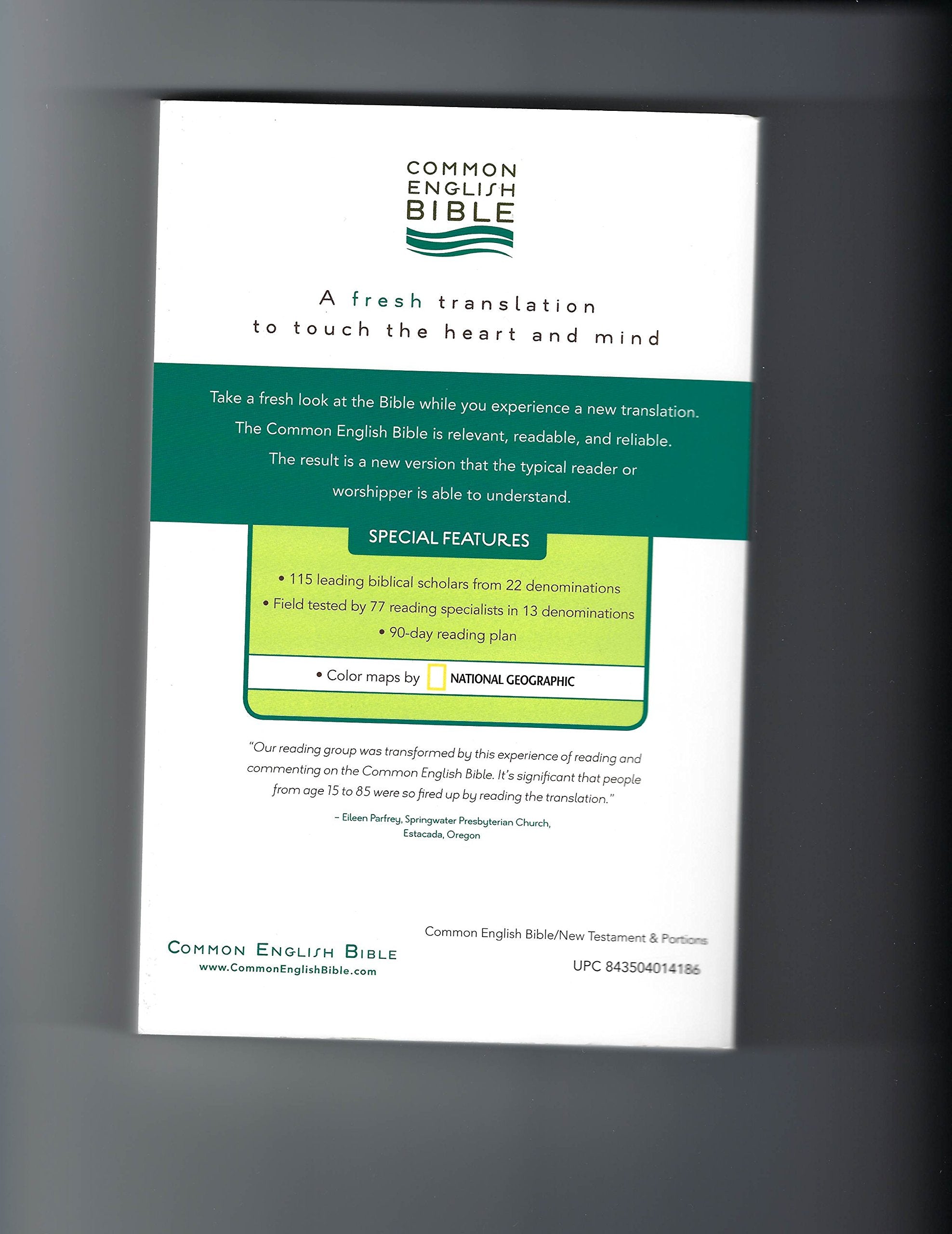 CEB Common English Bible New Testament, Softcover back cover highlighting special features and readability.