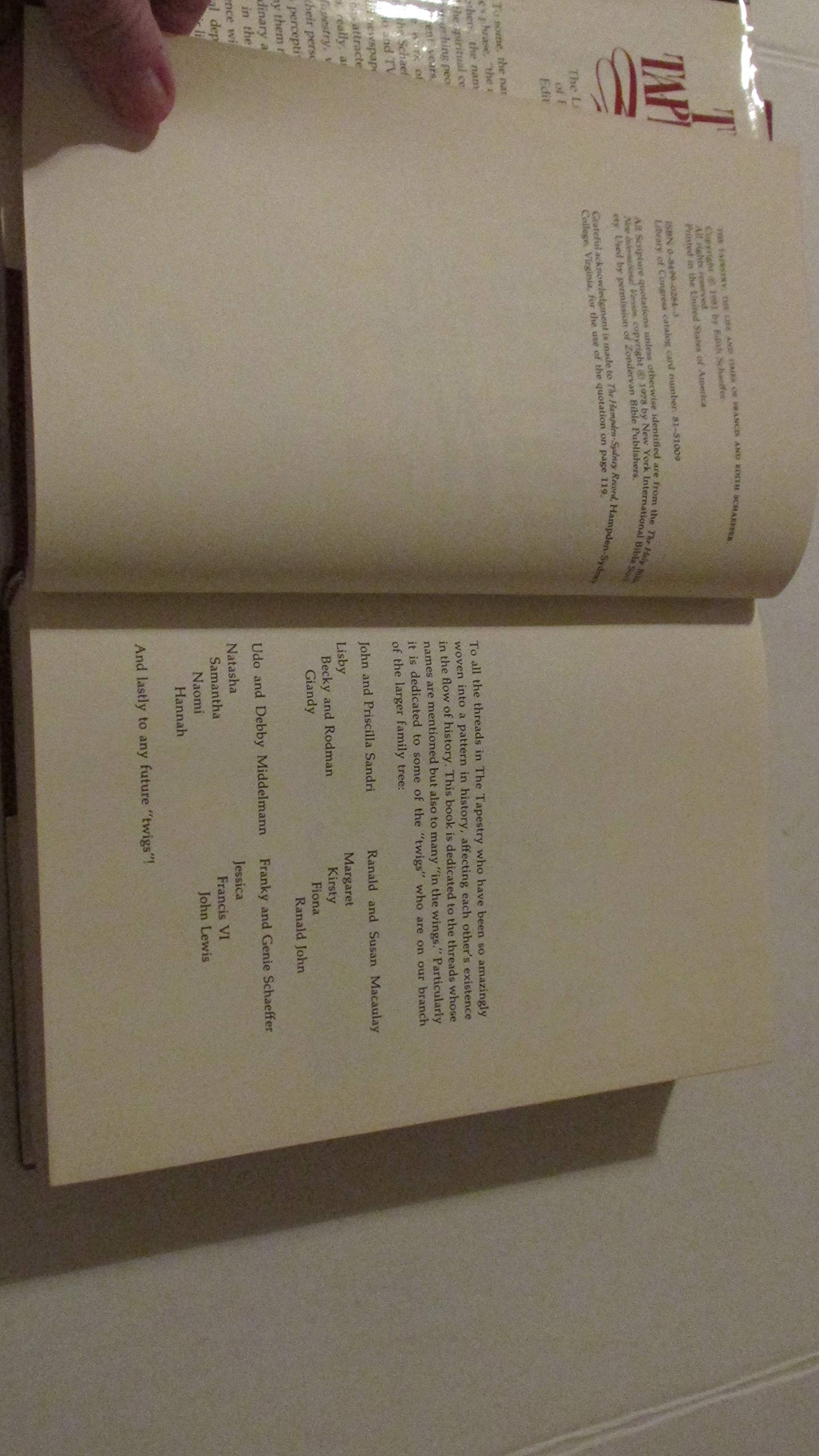 The tapestry: The life and times of Francis and Edith Schaeffer used book depot