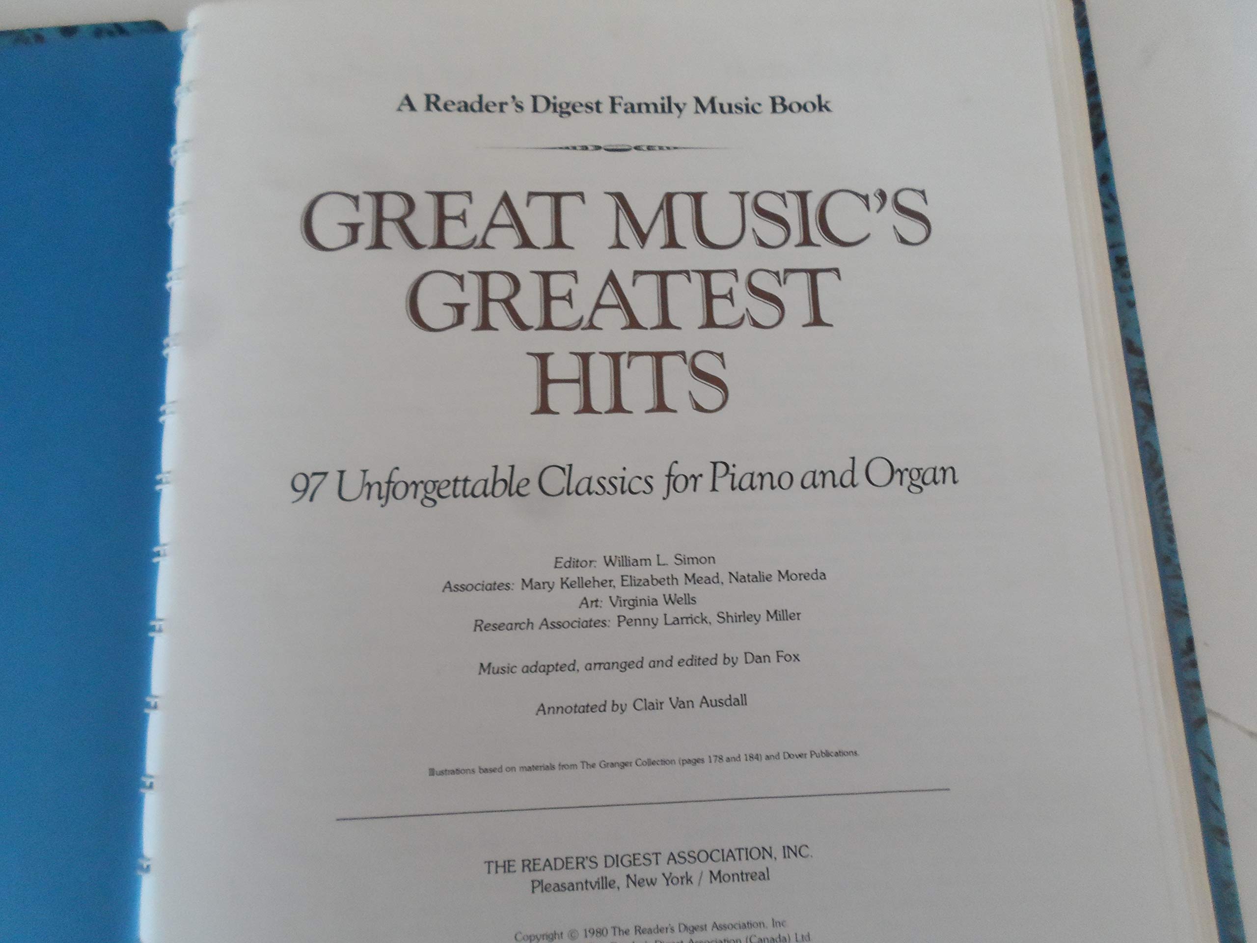 Great Music's Greatest Hits: 97 Unforgettable Classics for Piano and Organ (A Reader's Digest Family Music Book) used book depot
