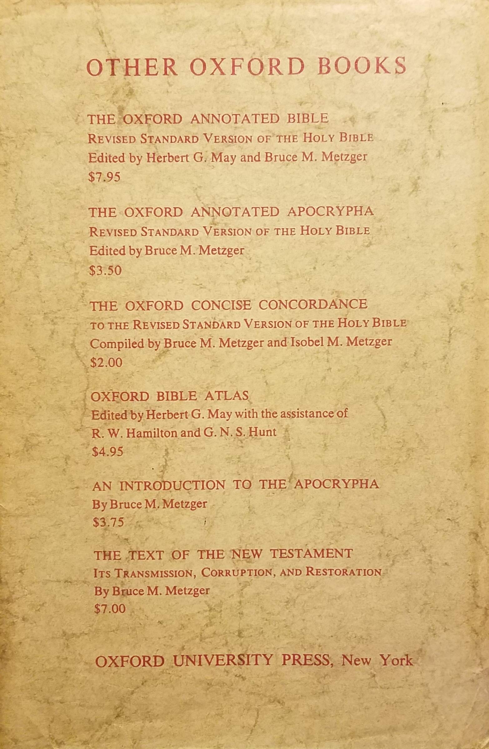 Oxford Annotated Bible With The Apocrypha - Revised Standard Version by Herbert G.; Metzger, Bruce M., Editors May (1965-08-01)