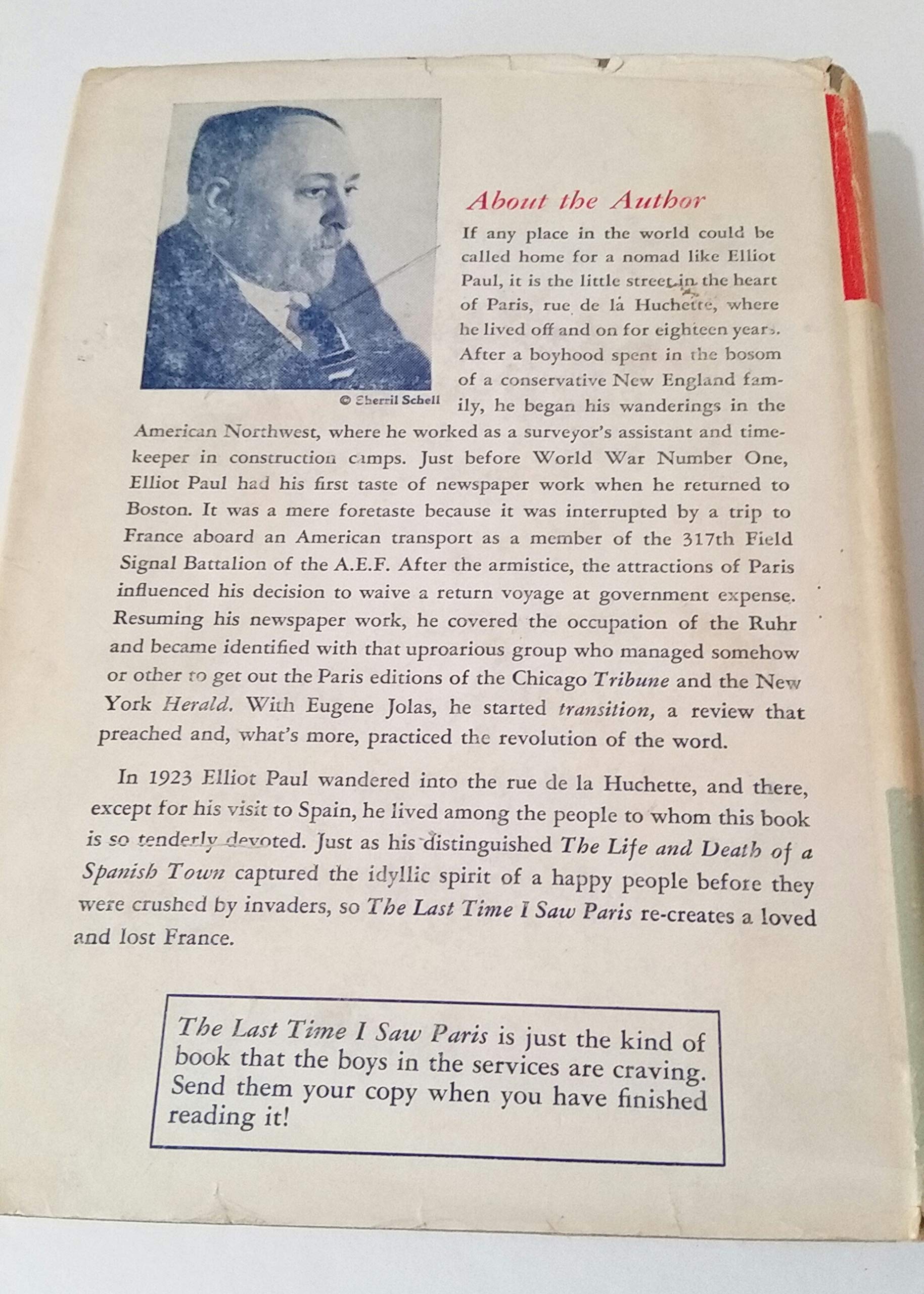 THE LAST TIME I SAW PARIS By ELLIOT PAUL 1942 first printing