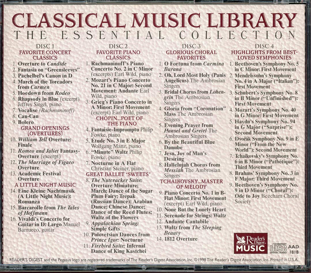 Classical Music Library the Essential Collection. Reader's Digest Music. Box Set 4 Cds