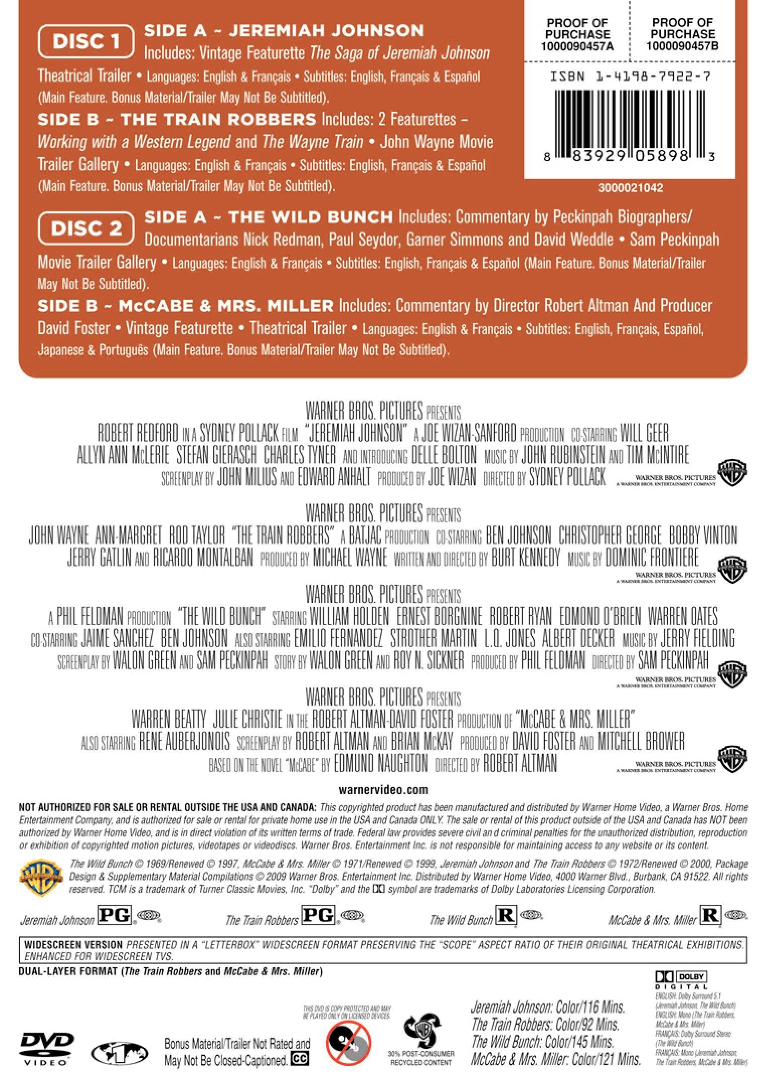 TCM Greatest Classic Films Collection: Western Adventures (The Wild Bunch / McCabe & Mrs. Miller / Jeremiah Johnson / The Train Robbers) used book depot
