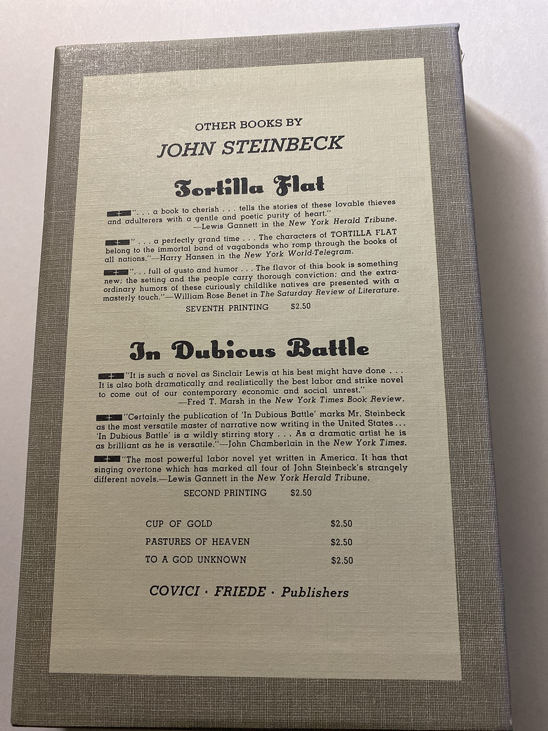 Of Mice and Men by John Steinbeck 1937 First Edition; Covici Friede, NY used book depot