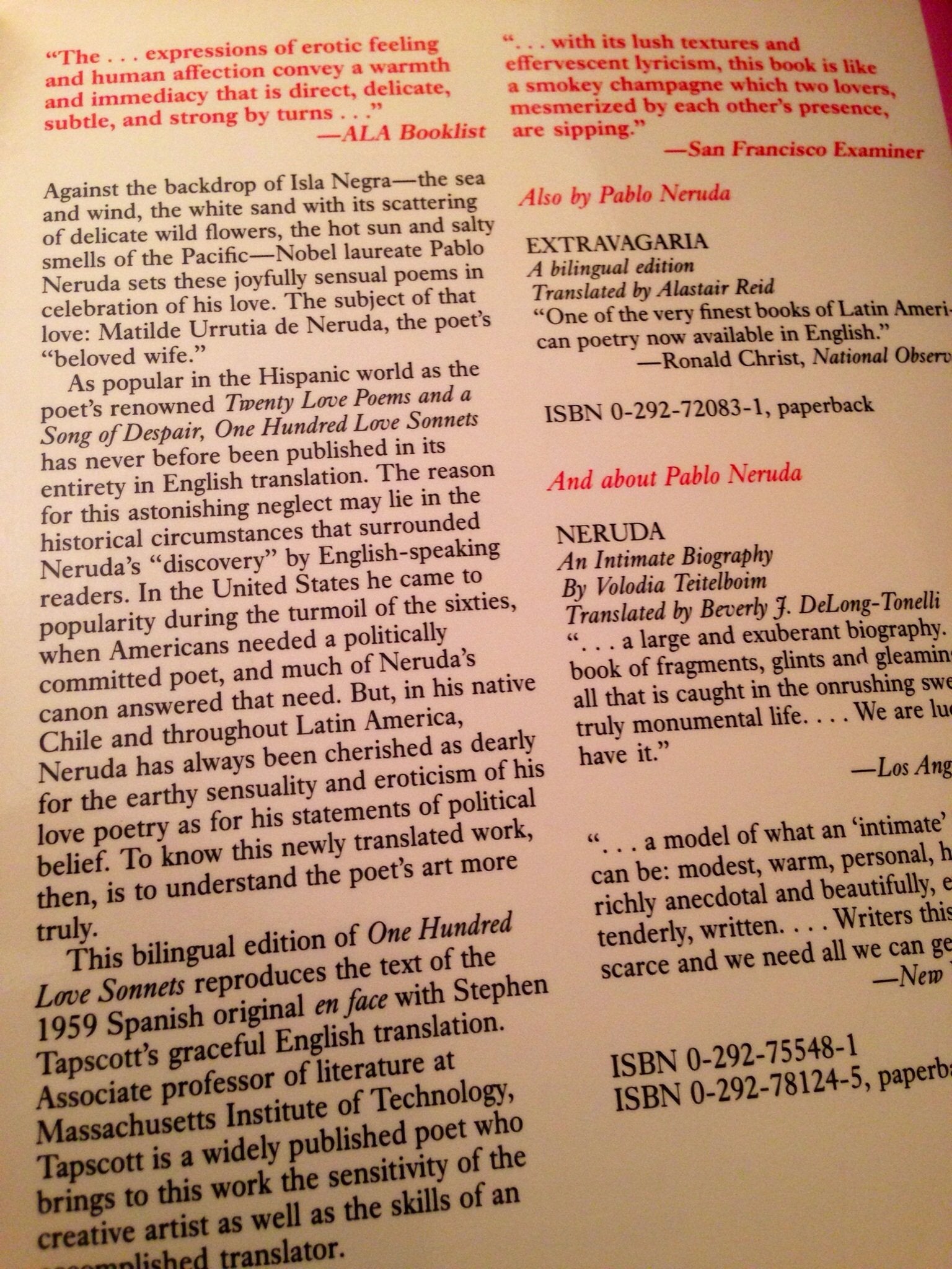 100 Love Sonnets: Cien sonetos de amor (Texas Pan American Series) (English and Spanish Edition) used book depot