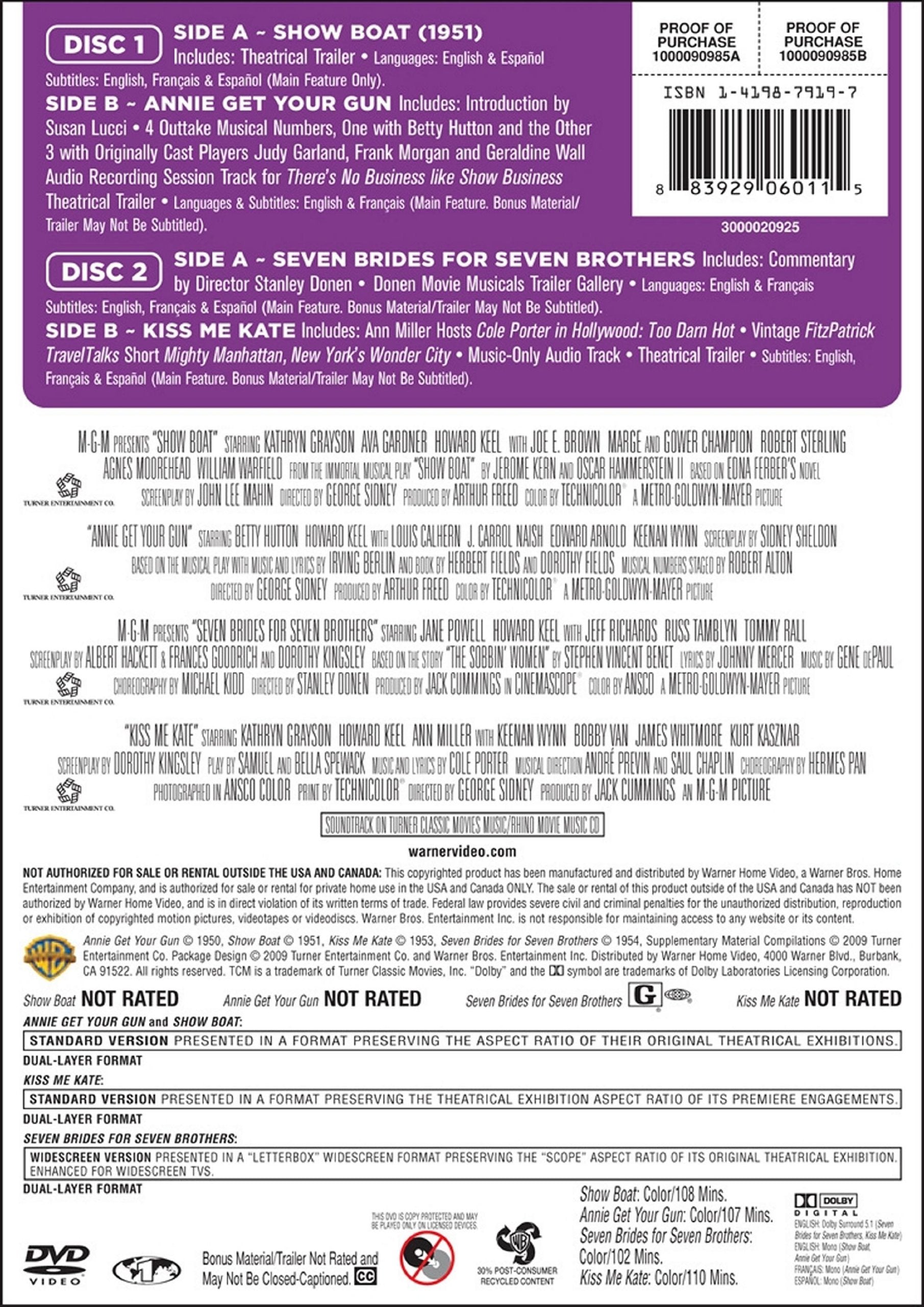 TCM Greatest Classic Films Collection: Broadway Musicals (Show Boat / Annie Get Your Gun / Kiss Me Kate / Seven Brides for Seven Brothers) used book depot
